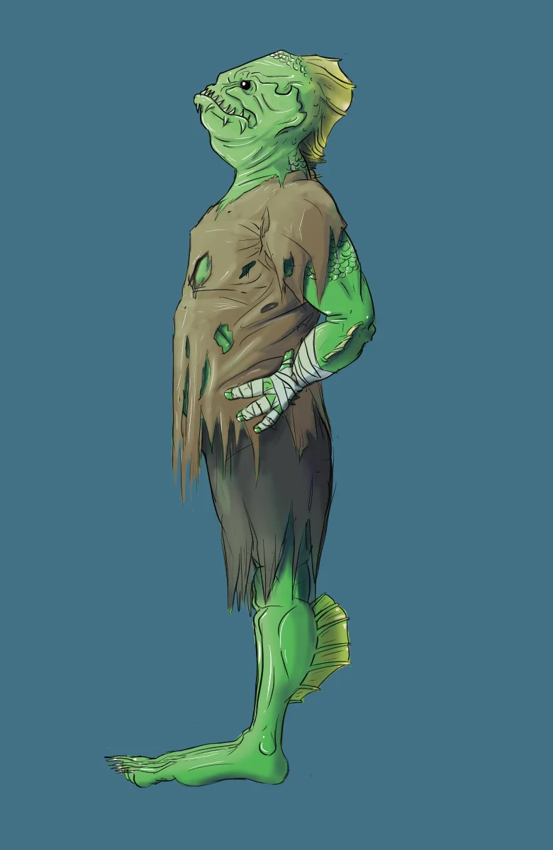 Stone Fish — green humanoid fish creature character design